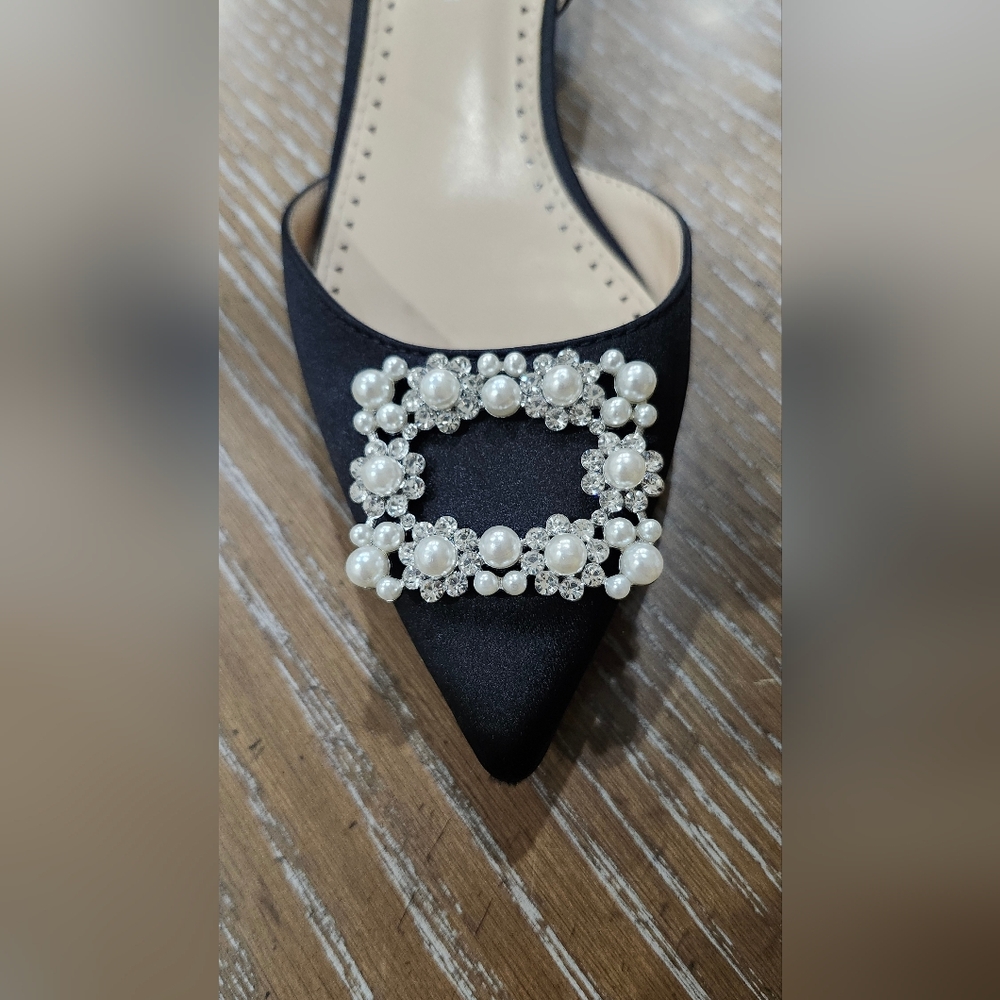 Adrienne Vittadini Black Satin Slingback Heels with Pearl Embellishment - Picture 9 of 9